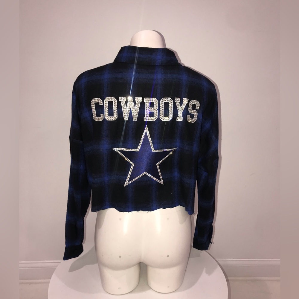 BNWT Dallas Cowboys Blue Cropped Flannel Shirt Crystal Trim Ladies M